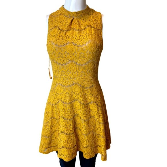 Love & Fire Womens Fit & Flare Lace Mini Dress Sleeveless Back Zip Yellow Size M - Picture 1 of 8